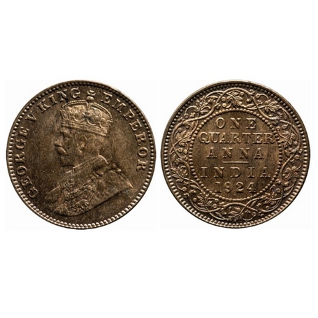George V, Bronze, Quarter Anna, 1924, Bombay Mint, Dot. GK 1180. Uncirculated, Scarce.