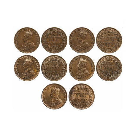 George V, Bronze, Quarter Anna (5 Coins), 1924, 1925, 1926, 1927, Bombay Mint, 1930, Calcu