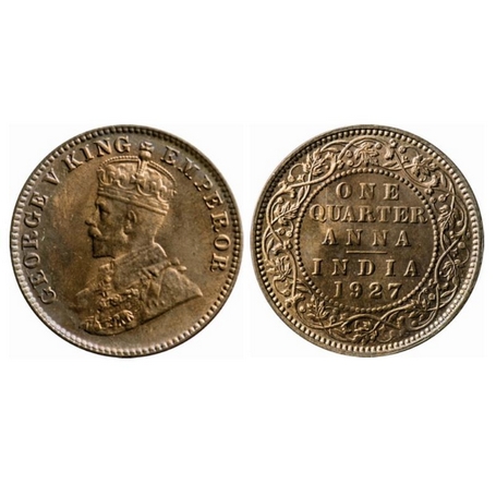 George V, Bronze, Quarter Anna, 1927, Calcutta Mint, No dot. GK 1186. Uncirculated, Scarce