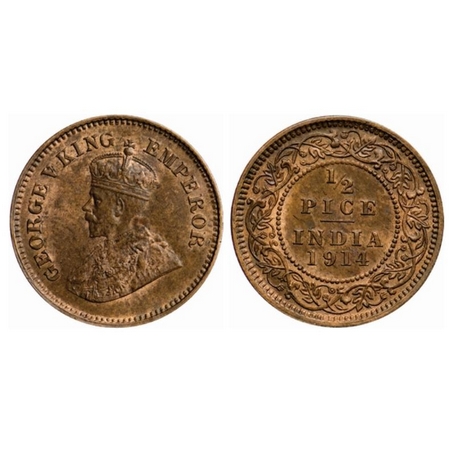 George V, Bronze, ½ Pice, 1914, Calcutta mint, No mint mark. GK 1200. Extremely Fine+, Sca