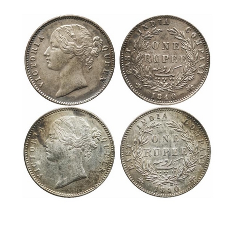 Victoria Queen, Silver, Rupee (2 Coins), 1840, Calcutta Mint, Divided legend, 1) W.W. Rais