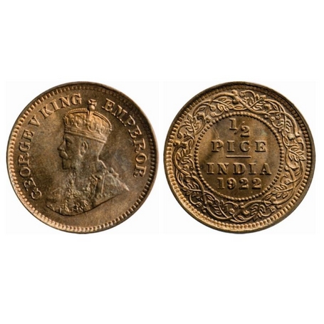George V, Bronze, ½ Pice, 1922, Calcutta Mint, Ghost on Reverse. GK 1208. Brilliant Uncirc