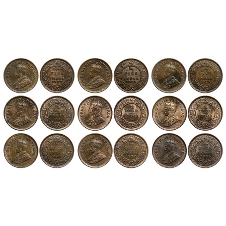 George V, Bronze, ½ Pice (9 Coins), Calcutta Mint, 1922, 1924 (Ghost on obverse), 1925, 19