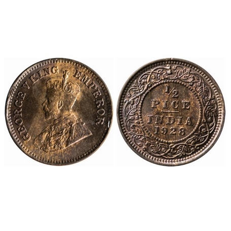 George V, Bronze, ½ Pice, 1928, Calcutta Mint, No mint mark, Ghost on reverse. GK 1214. To