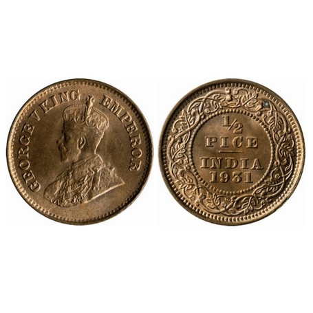 George V, Bronze, ½ Pice, 1931, Calcutta Mint, No mint mark, Die cracks on Obv. GK 1217. U