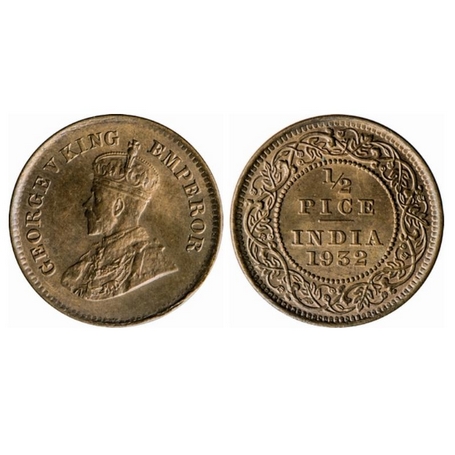 George V, Bronze, ½ Pice, 1932, Calcutta Mint, No mint mark. GK 1218. Uncirculated, Scarce