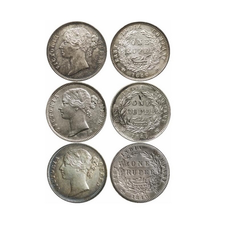 Victoria Queen, Silver, Rupee (3 Coins), 1840, 1) Calcutta Mint, W.W. Raised, 28 Berries (