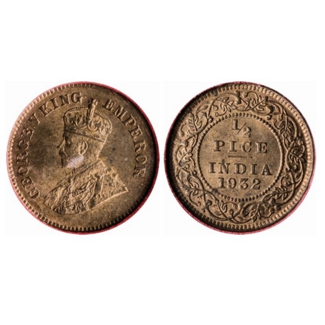 George V, Bronze ½ Pice, 1932, Calcutta Mint, Planchet flaw on Obverse. F. Prid. 765. MS 6