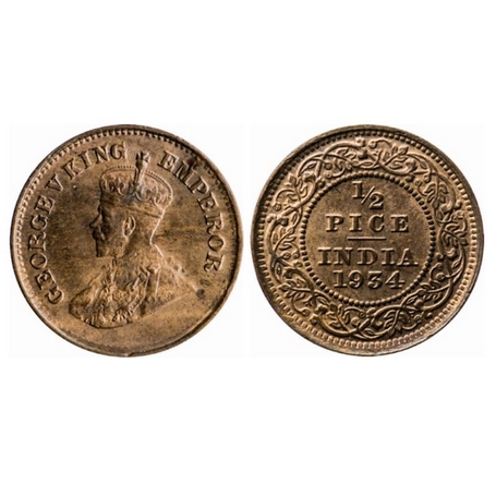 George V, Bronze, ½ Pice, 1934, Calcutta Mint, No mint mark. GK 1220. Uncirculated, Scarce