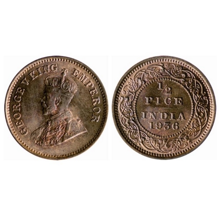 George V, Bronze, ½ Pice, 1936, Calcutta Mint, No mint mark. GK 1222. Rainbow Toned Uncirc