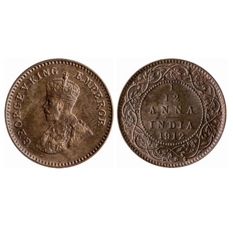 George V, Bronze, 1/12 Anna, 1912, Calcutta Mint, No dot. GK 1223. Uncirculated, Scarce.