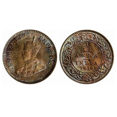 George V, Bronze, 1/12 Anna, 1914, Calcutta mint, No dot. GK 1225. Brilliant Uncirculated,