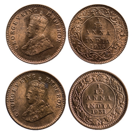 George V, Bronze, 1/12 Anna (2 Coins), 1915, 1931, Calcutta Mint, No dot. GK 1226, 1247. U