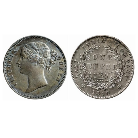 Victoria Queen, Silver, Rupee, 1840, Divided legend, Calcutta Mint, W.W. raised, 28 Berrie