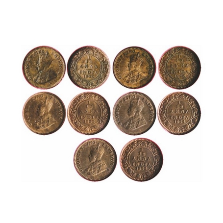 George V, Bronze, 1/12 Anna (5 Coins), 1920 Calcutta Mint, no dot, 1923 Bombay Mint, dot, 