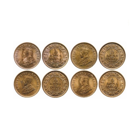 George V, Bronze, 1/12 Annas (4 Coins), 1929, 1930, 1933, 1934, Calcutta Mint. GK 1245, 12
