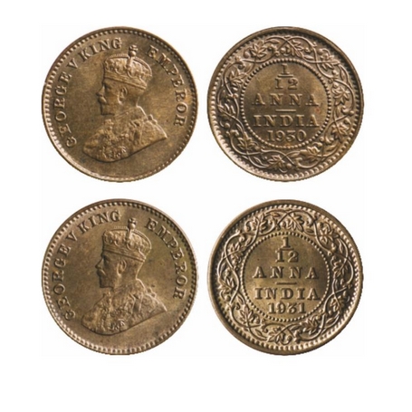 George V, Bronze, 1/12 Anna (2 Coins), 1930, 1931, Calcutta Mint, No dot. GK 1246.1247. Un