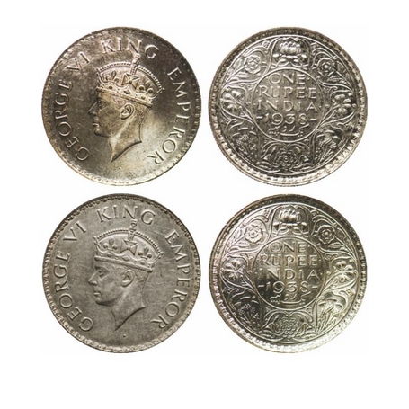 George VI, Silver, Rupee (2 Coins), 1938, Bombay Mint, With and without dot. GK 1254, 1255