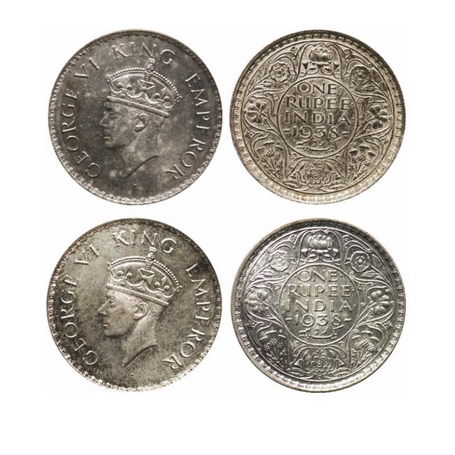 George VI, Silver, Rupee (2 Coins), 1938, Bombay Mint, With and without dot. GK 1254, 1255