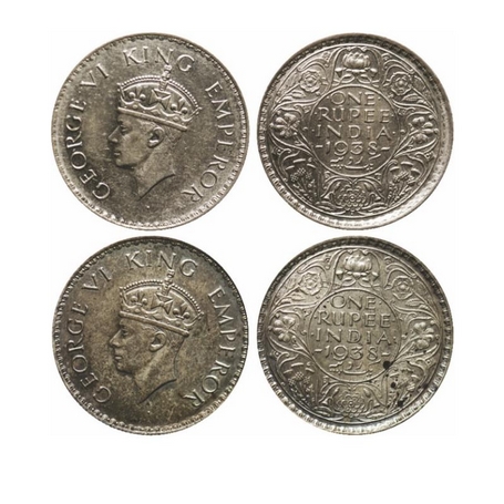George VI, Silver, Rupee (2 Coins), 1938, Bombay Mint, With and without dot. GK 1254, 1255