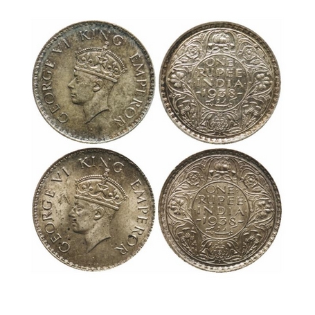 George VI, Silver, Rupee (2 Coins), 1938, Bombay Mint, Dot. GK 1255. About Extremely Fine 
