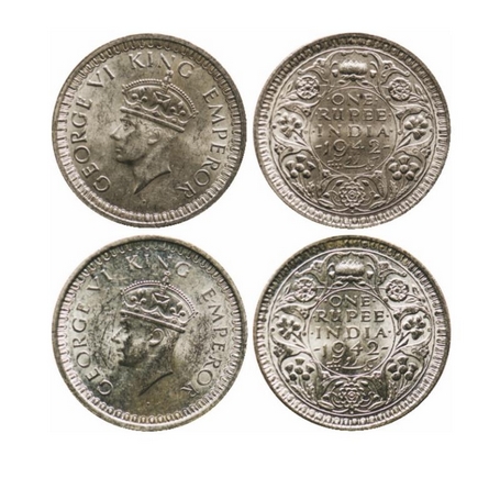 George VI, Half Silver, Rupee (2 Coins), 1942, Bombay Mint, B/II, & B(a)/II. GK 1262, 1264