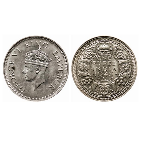George VI, Half Silver, Rupee, 1943, Bombay Mint, B(a)/II, Large 3. GK 1266. Extremely Fin