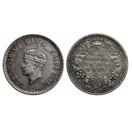 George VI, Half Silver, Rupee, 1943, Bombay Mint, A(b)/II, Diamond, Security edge, Small 3