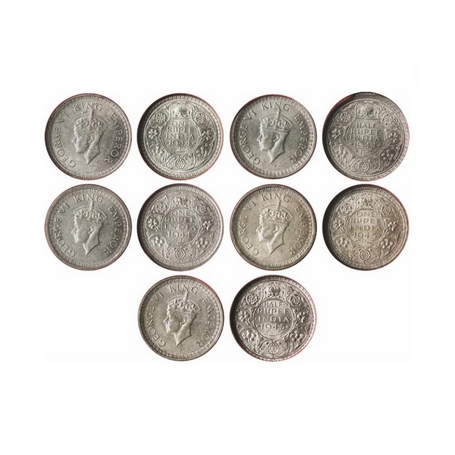 George VI, Half Silver (5 Coins), 1 Rupee, 1944 Bombay Mint, C/II, dot, ½ Rupee, 1944 Laho