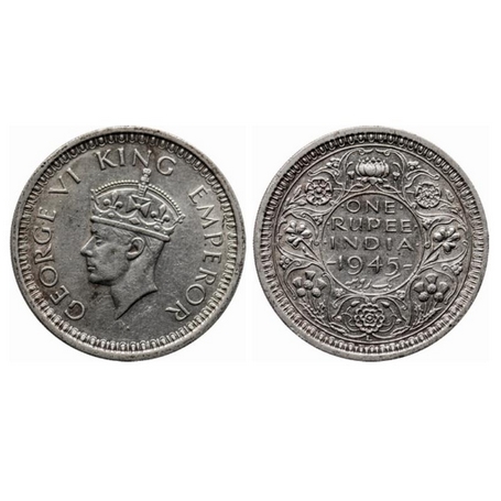 George VI, Half Silver, Rupee, 1945, Lahore Mint, Large 5, D/II, L raised, Security edge. 