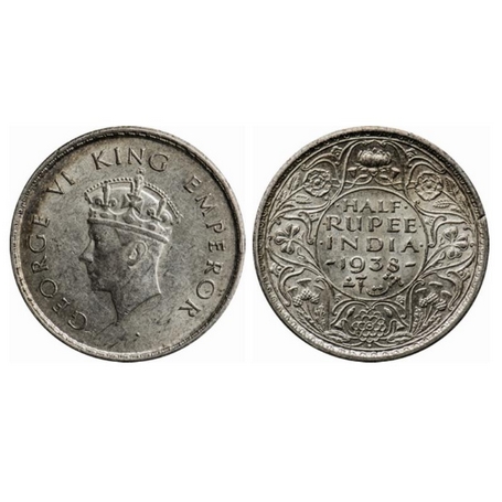 George VI, Silver, ½ Rupee, 1938, Bombay Mint, Head type I, A/I, Dot, Type I, Milled edge.