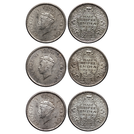 George VI, Silver, ½ Rupee (3 Coins), 1938, Bombay Mint, A/I, Dot, Type I, Milled edge. GK