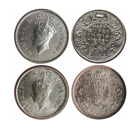 George VI, Silver, ½ Rupee (2 Coins), 1938, Bombay Mint, Type I, A/I, Dot, Milled edge, 19