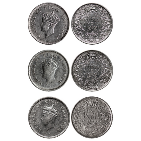 George VI, Silver, ½ Rupee (3 Coins), 1938 Bombay Mint, Head type I, A/I, dot, 1939, Bomba