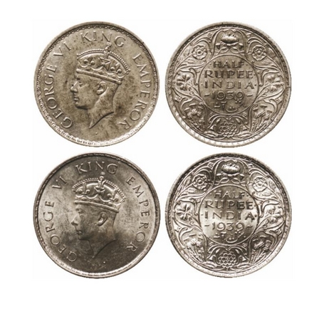 George VI, Silver, ½ Rupee (2 Coins), 1939, Bombay/Type I & Calcutta/Type II. GK 1295, 129
