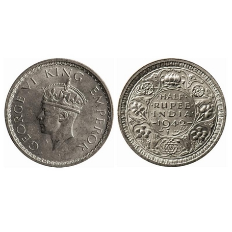 George VI, Half Silver, ½ Rupee, 1942, Bombay Mint, Large head, A(a)II, Dot, Security edge