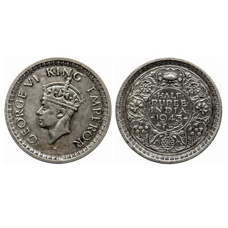 George VI, Silver, ½ Rupee, 1943, Bombay Mint, Head Type II, B/III. Security edge. GK 1306