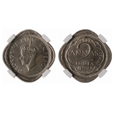 George VI, Copper Nickle, 2 Annas, 1939, Bombay Mint, Type II. GK 1349. NGC Slabbed MS 64.