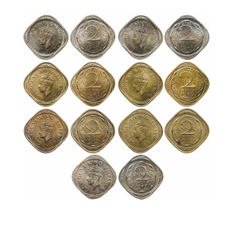 George VI, Copper/Brass Nickel, 2 Annas (7 Coins), Calcutta Mint, 1941/1947, Type II No do
