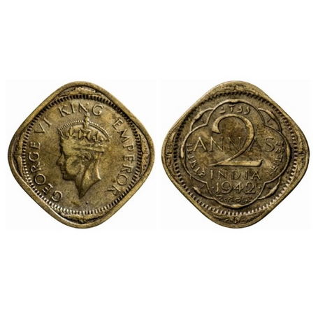 George VI, Brass-Nickel, 2 Annas, 1942, Head type II, Dots by year, Small numeral '4'. GK 