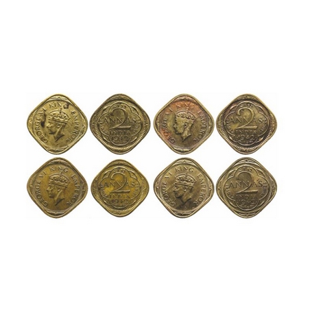 George VI, Brass Nickle, 2 Annas (4 Coins), 1942, Bombay Mint, Head Type II, Dots by year,