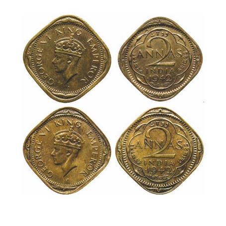 George VI, Brass Nickle, 2 Annas (2 Coins), 1942, Bombay Mint, Head Type II, Dots by year,