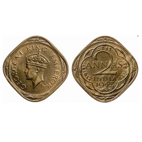 George VI, Brass-Nickel, 2 Annas, 1943, Bombay Mint, Head Type II, Normal and thick numera
