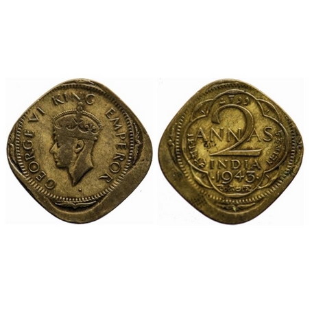 George VI, Brass-Nickel, 2 Annas, 1943, Bombay Mint, Dots by year, Normal and thick numera