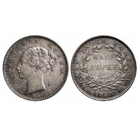 Victoria Queen, Silver, ½ Rupee, 1840, Continuous Legend, Madras Mint, A/I, Thick and larg