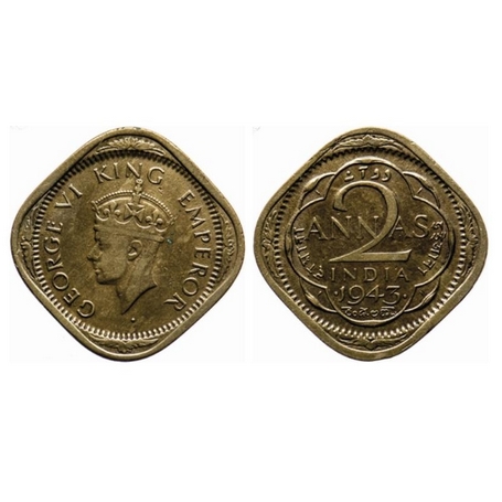 George VI, Brass Nickel, 2 Anna, 1943, Bombay Mint, Type II, Dots by year, Large numeral 3