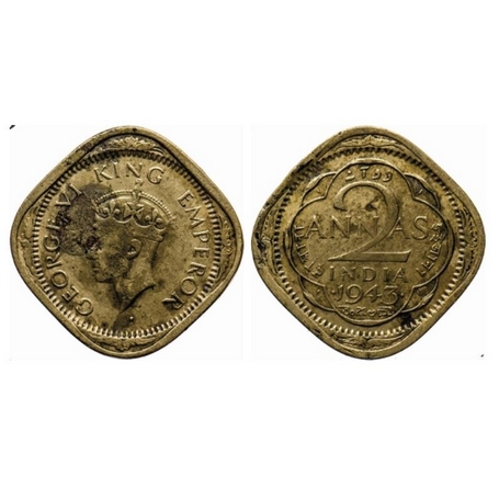 George VI, Brass Nickel, 2 Annas, 1943, Bombay Mint, Type II, Dots by year, Large numeral 