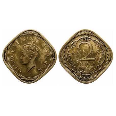 George VI, Brass Nickel, 2 Annas, 1943, Bombay Mint, Type II, Dots by year, Large numeral 