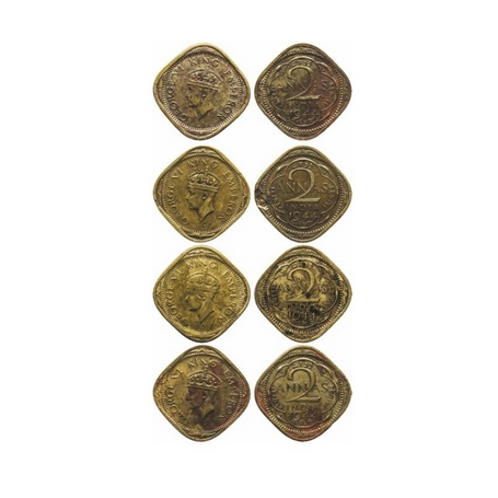 George VI, Brass Nickle, 2 Annas (4 Coins), 1944, Bombay Mint, Head Type II, Dots by year,