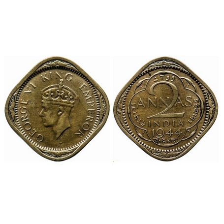 George VI, Brass Nickle, 2 Annas, 1944, Lahore Mint, Type II, No dots by year. 'L' raised 